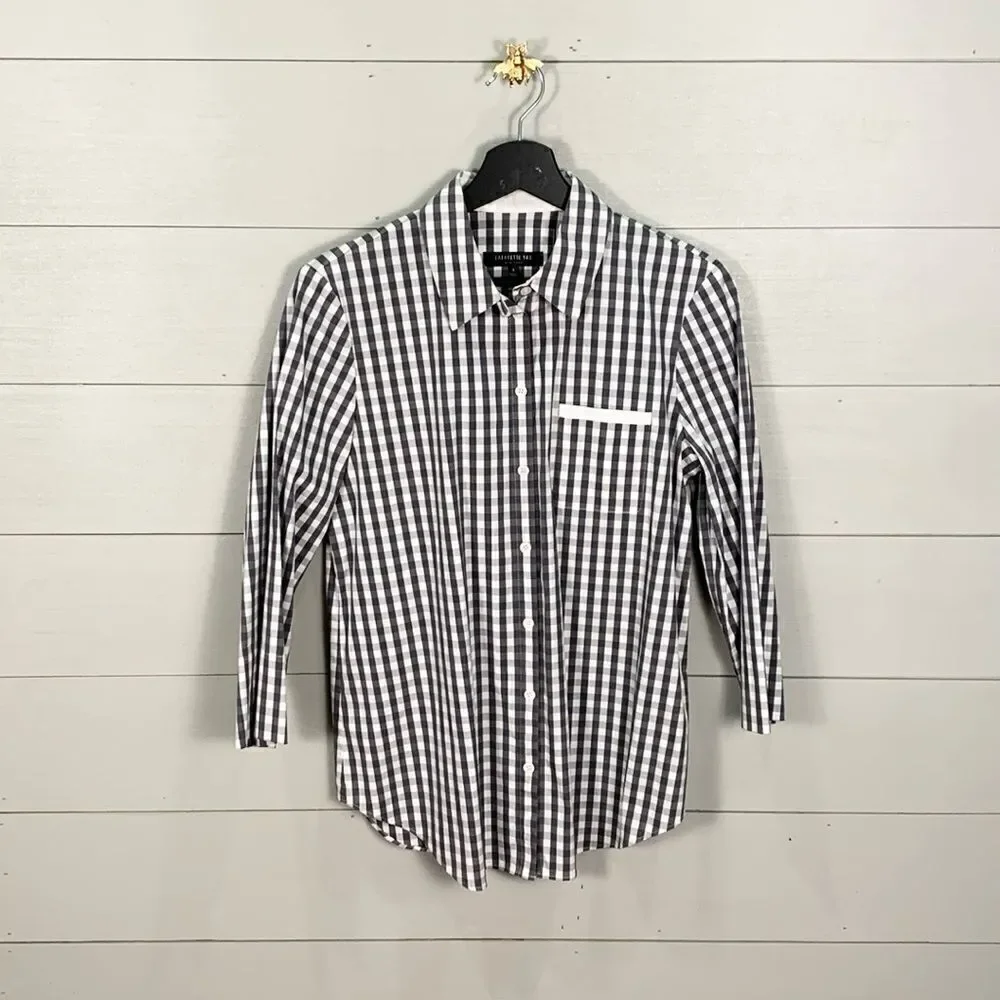 Lfayette 148 grey and white tee button down plaid checkered Womans dress shirt S - Picture 1 of 9